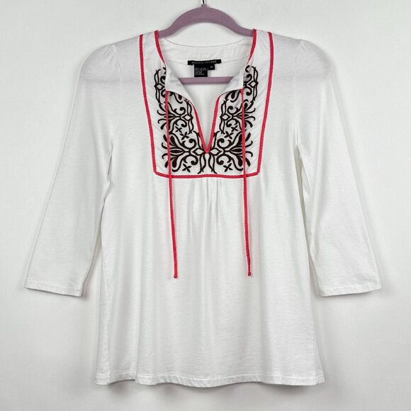 Boston Proper | White Top | Embroidered Tie Blouse | Size XS - Picture 2 of 12